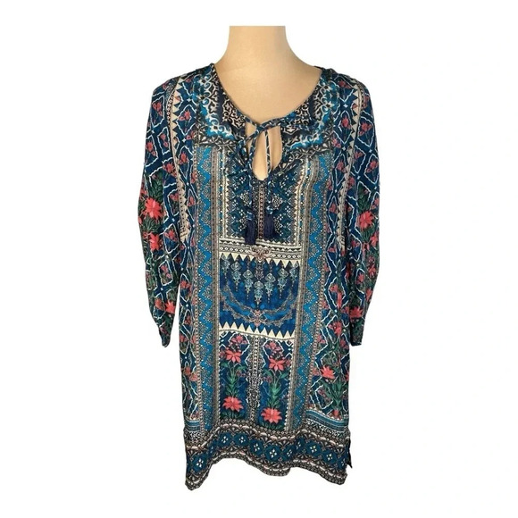Anthropology TOLANI 100% SILK FLOWY TUNIC MINI DRESS BOHO COASTAL PAISLEY PRINT - Picture 4 of 10
